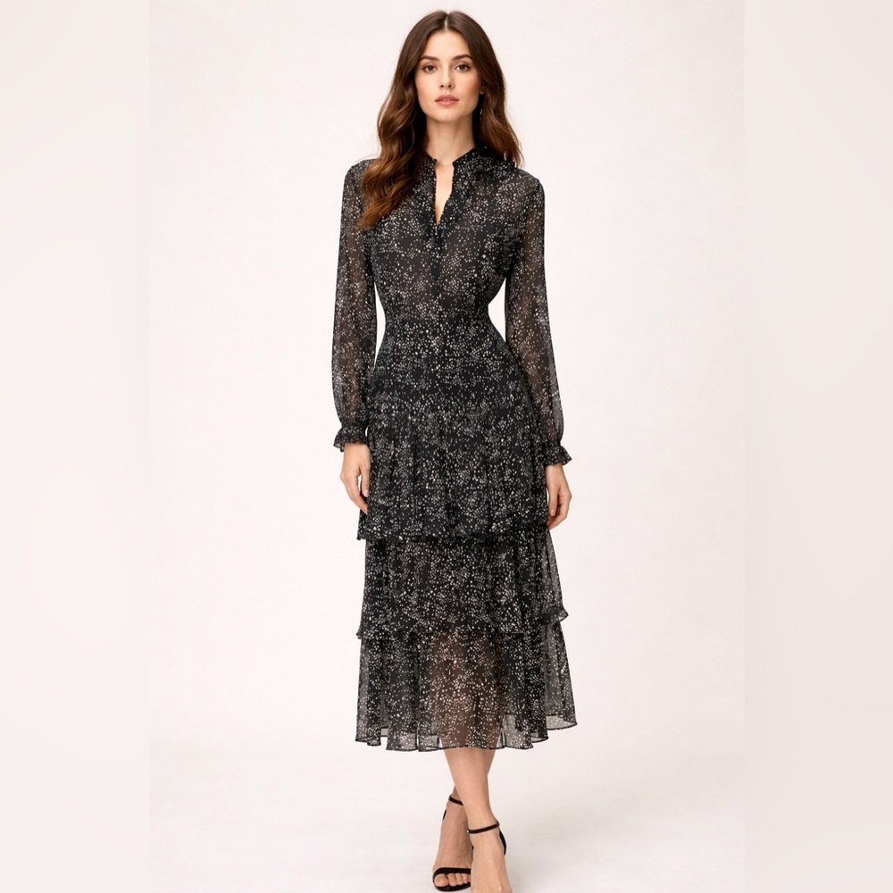 Maje Tiered Printed Metallic Fil Coupé Midi Dress 38 Medium Black Silk Wedding